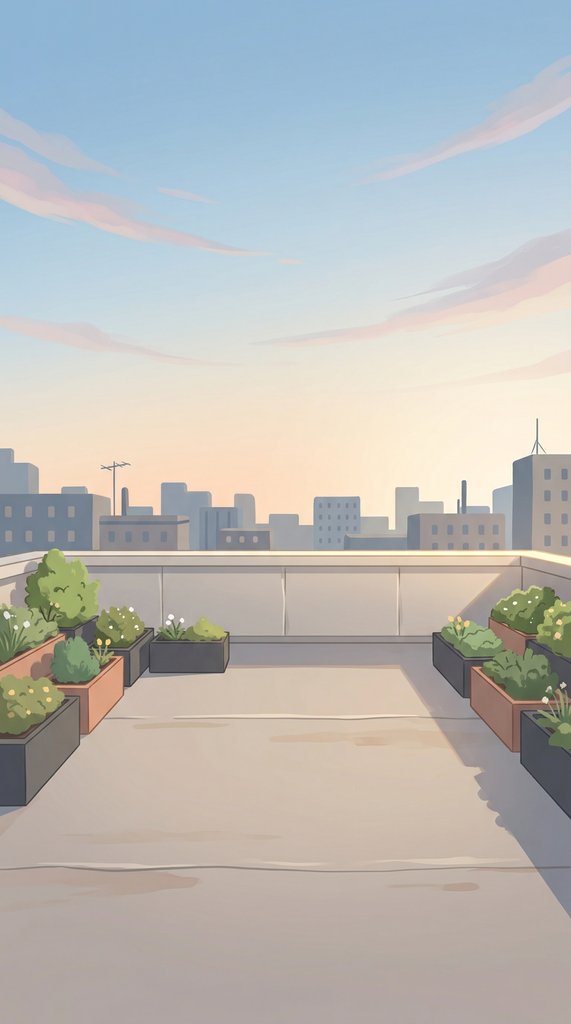 Quiet April Rooftop Garden at Sunrise