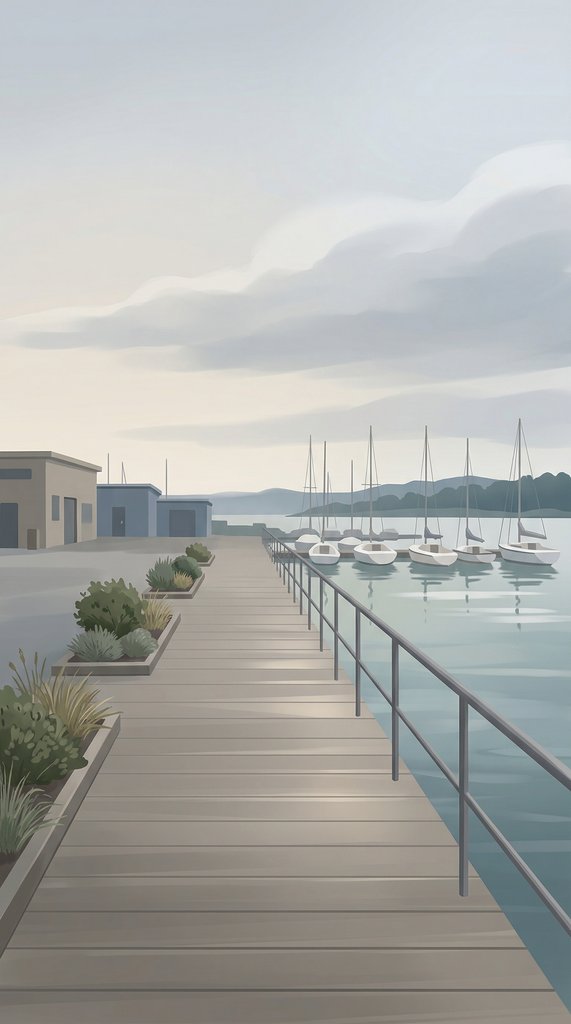 April Harbor Boardwalk in Soft Overcast Light
