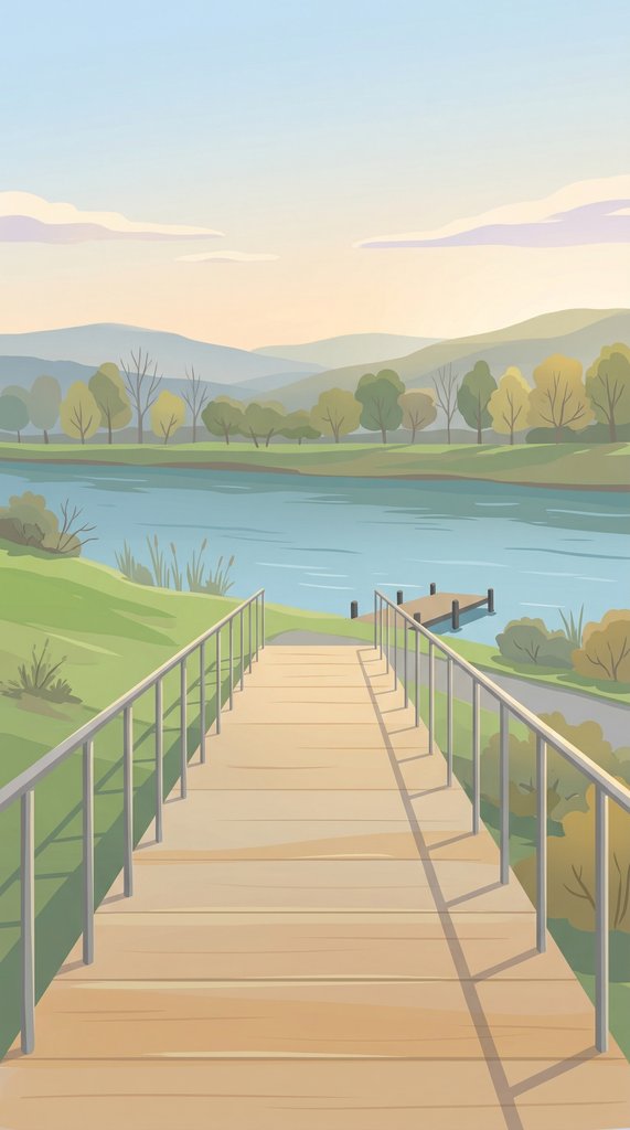 April Riverbank Footbridge After Sunrise