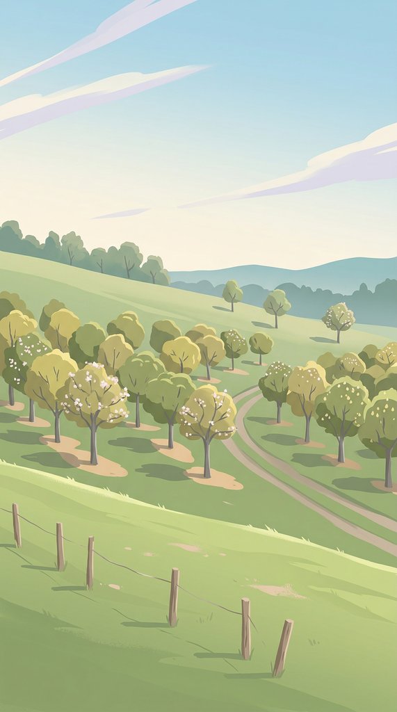 April Hillside Orchard in Gentle Sunlight