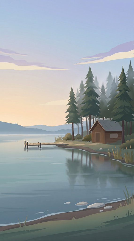 April Lakeside Cabin with Misty Pines at Dawn