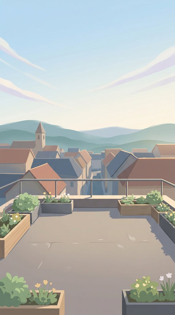 April Rooftop Garden Overlooking a Quiet Town