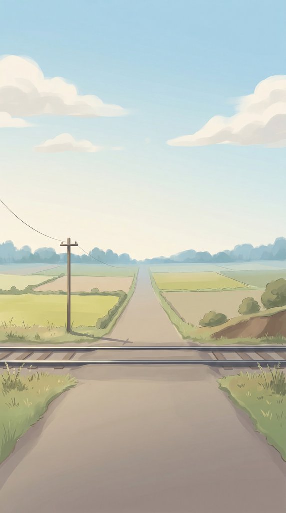 April Countryside Train Crossing Under Soft Clouds