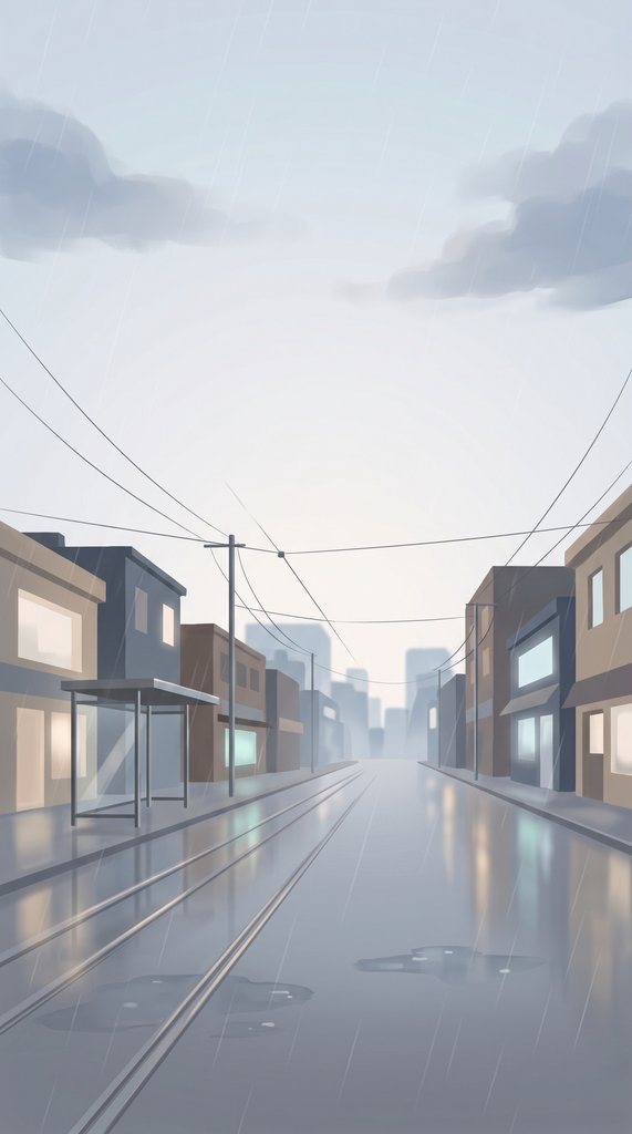 April City Tram Street in Light Rain