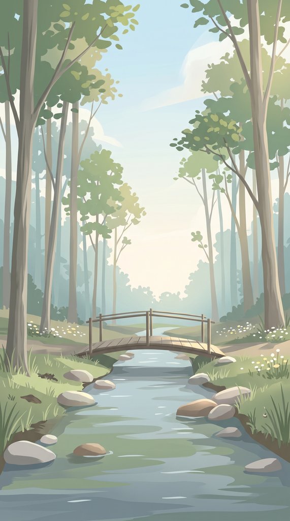 April Forest Stream with Sunlit Footbridge