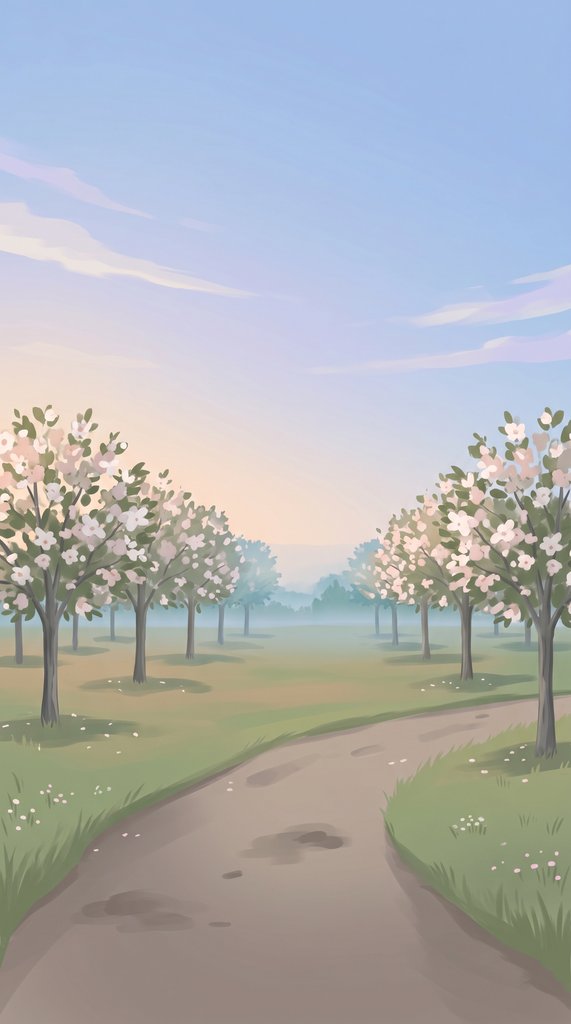 April Orchard Path with Blooming Trees at Dusk