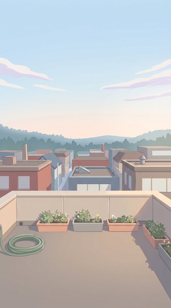 April Rooftop Garden Over Quiet Town