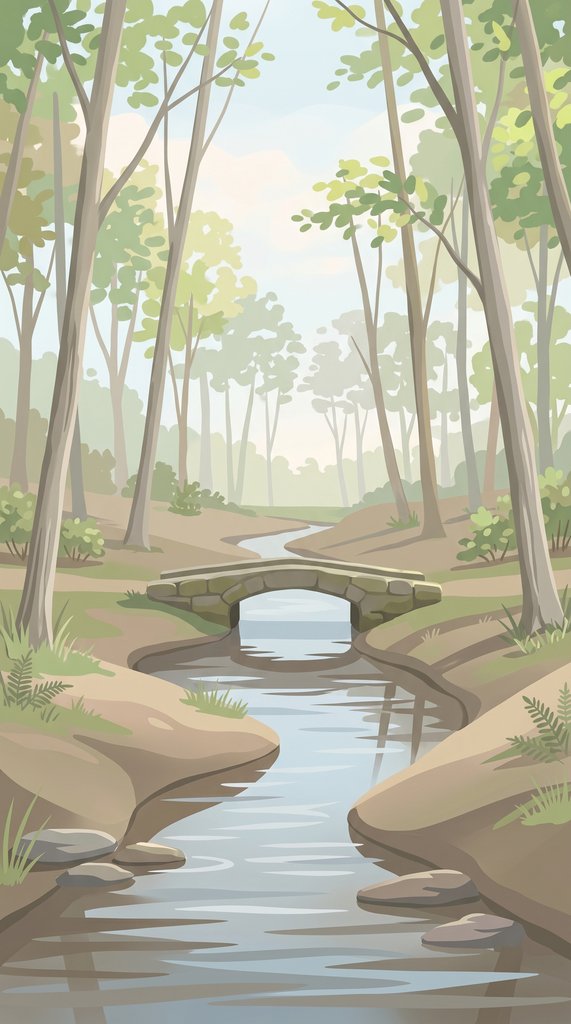 April Forest Stream with Stone Footbridge